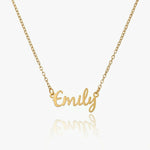 Signature Name Necklace personalized in gold with the name Emily, showcasing elegant cursive design.