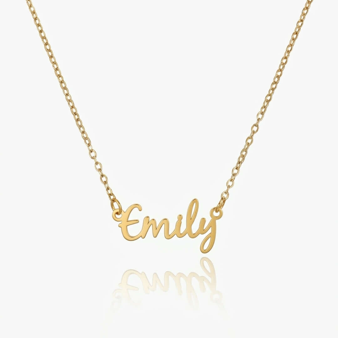 Signature Name Necklace personalized in gold with the name Emily, showcasing elegant cursive design.