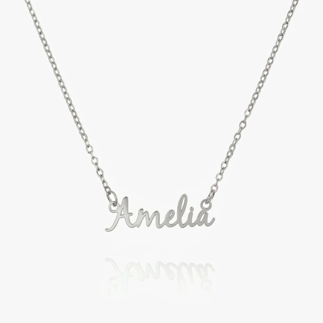Signature name necklace in silver with the name 'Amelia' displayed elegantly on a delicate chain.