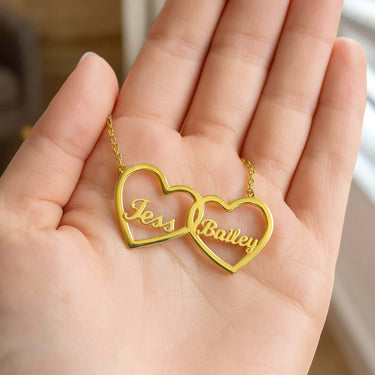 Two Hearts Necklace in gold with personalized engraving, showcasing love and bond between Tess and Bailey.