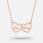 Two Hearts Necklace in rose gold with personalized engraving of names Jess and Bailey, symbolizing love and bond.