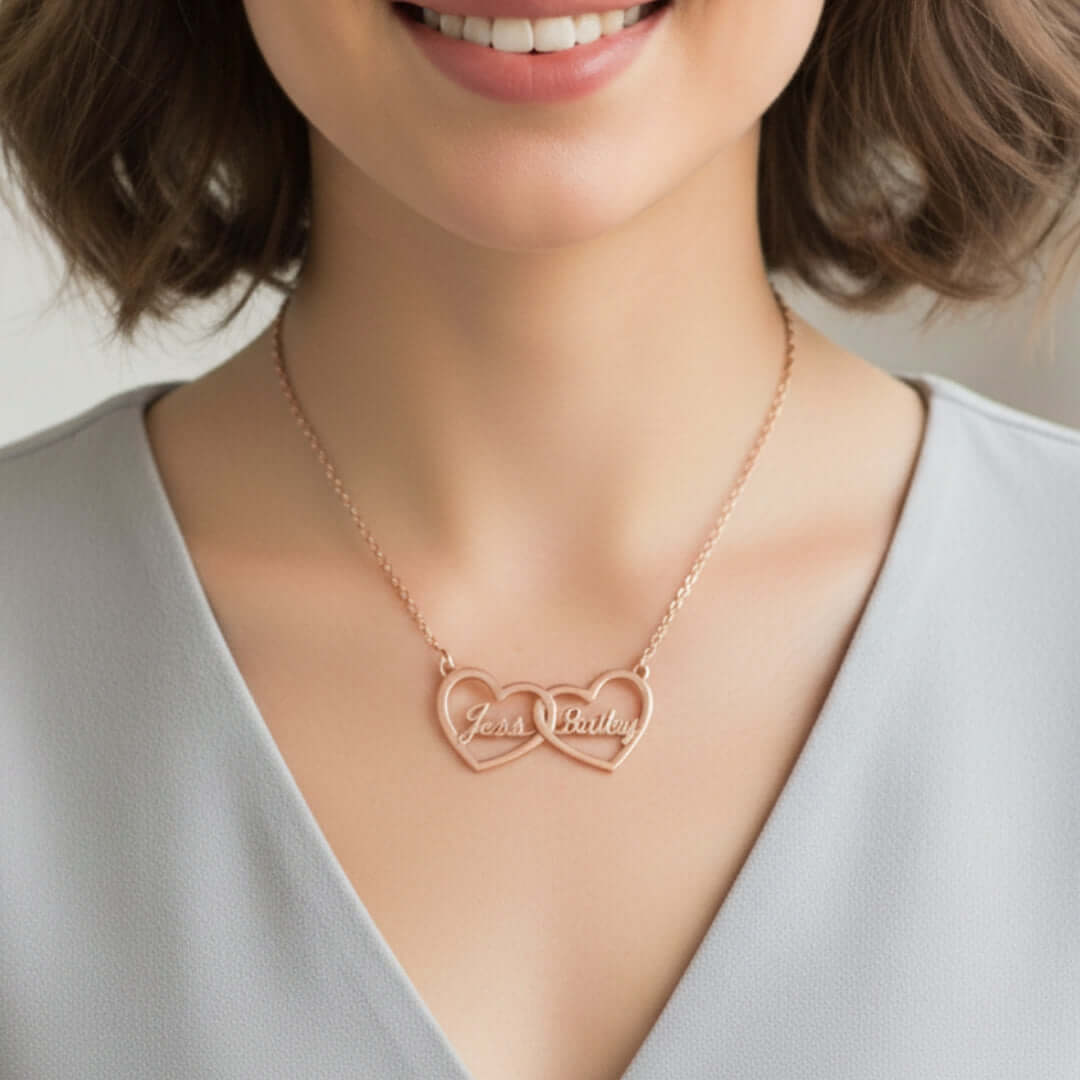 Two Hearts Necklace in rose gold with personalized engraving showcasing love and bond for special connections.