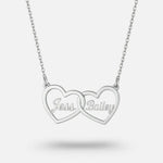 Two Hearts Necklace in silver, featuring personalized engraving of names Jess and Bailey, symbolizing love and bond.